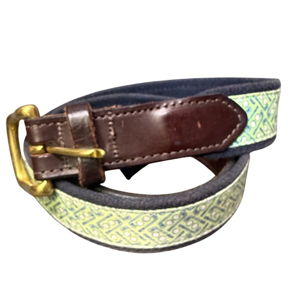 Vineyard Vines Mens Size 34 Golf Club Silk Canvas Leather Belt Navy Green USA